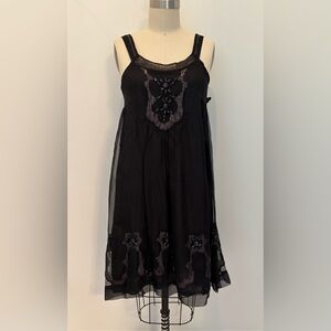 Johnny Was Biya Beaded Black Cocktail Dress Black & Charcoal Silk Knee Length S